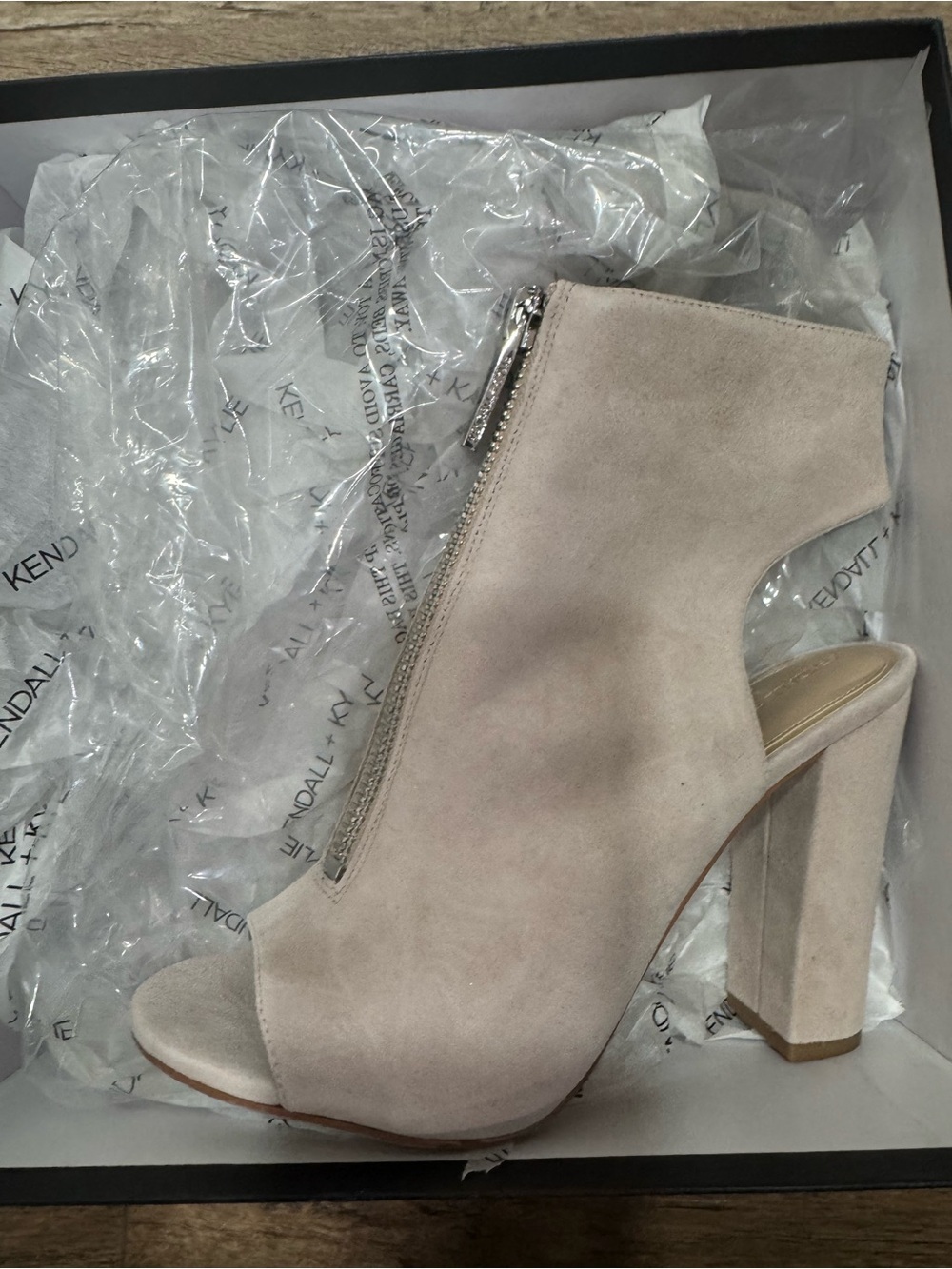 Kendall & Kylie Light Beige Suede Peep-Toe Block Heel Bootie